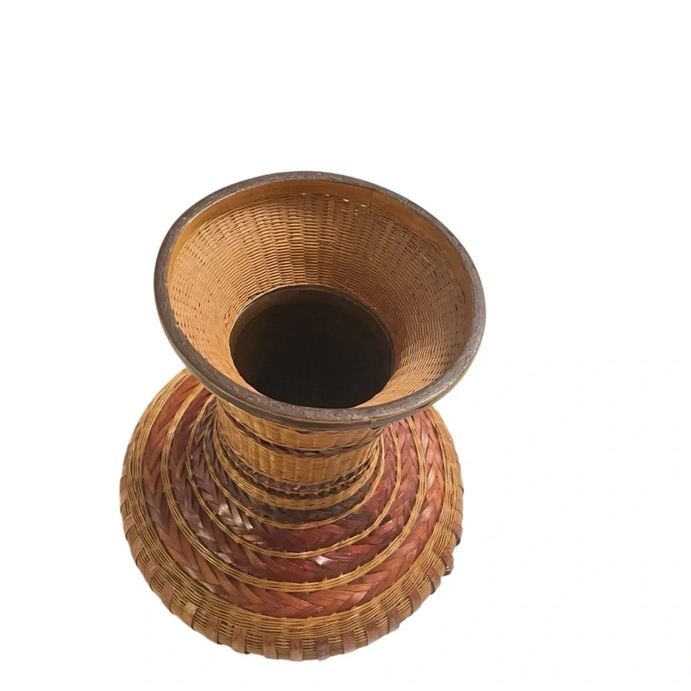 Vintage Shanghai Handicrafts Woven Wicker Rattan Bamboo Vase China 10.5